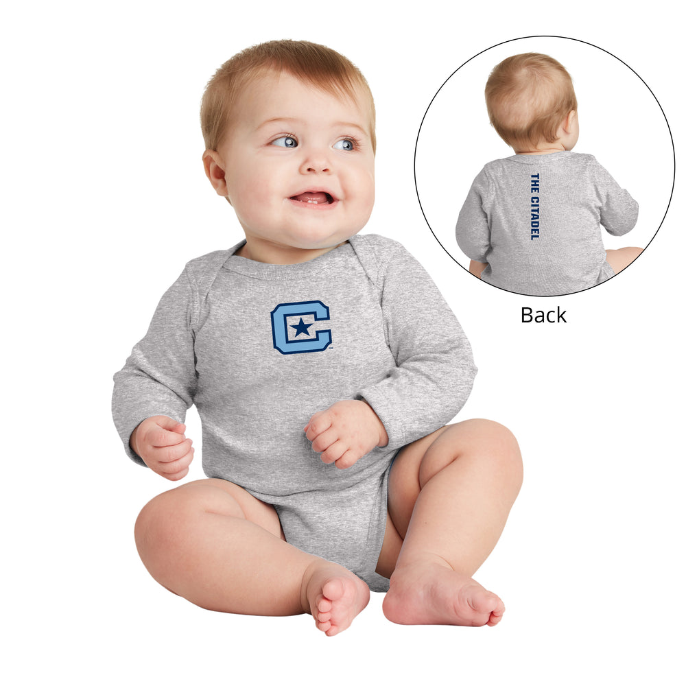 The Citadel, C logo, Rabbit Skins™ Infant Long Sleeve Baby Rib Bodysuit- heather