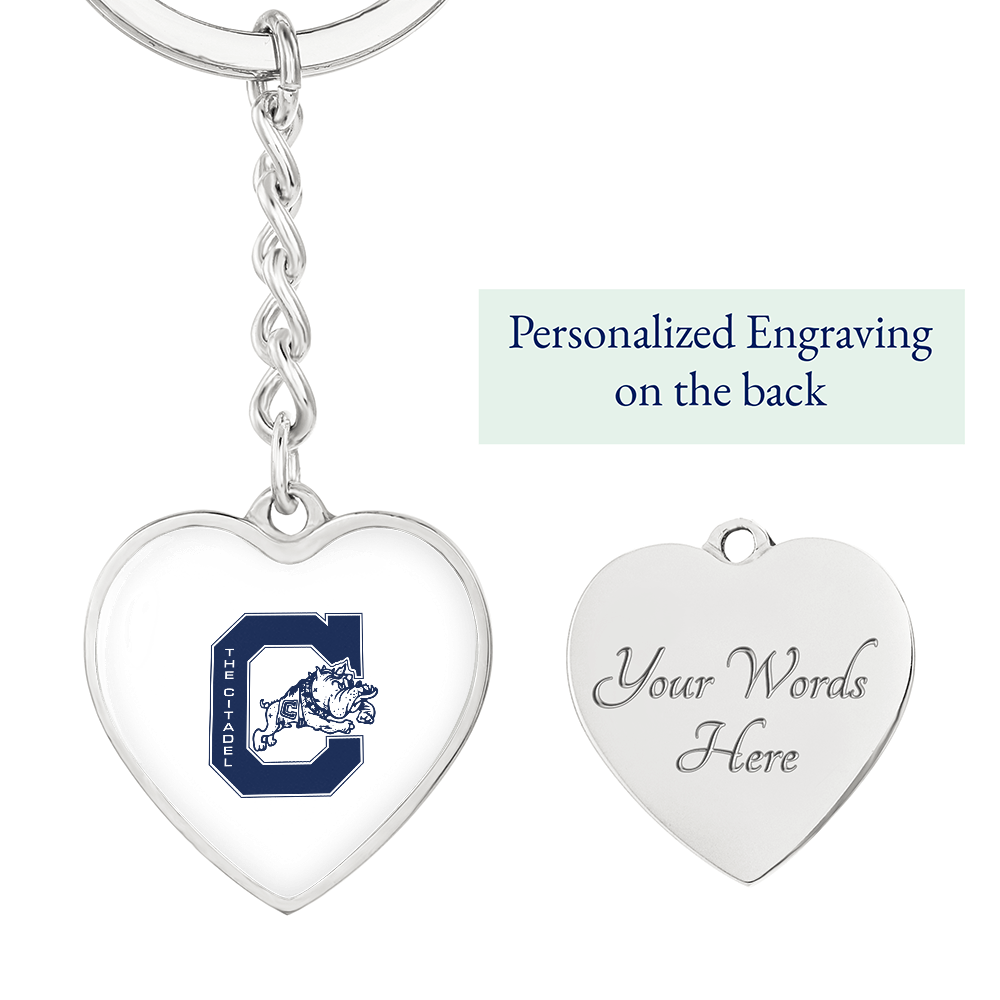 The Citadel, Jumping Bulldog logo, Heart Keychain - Silver