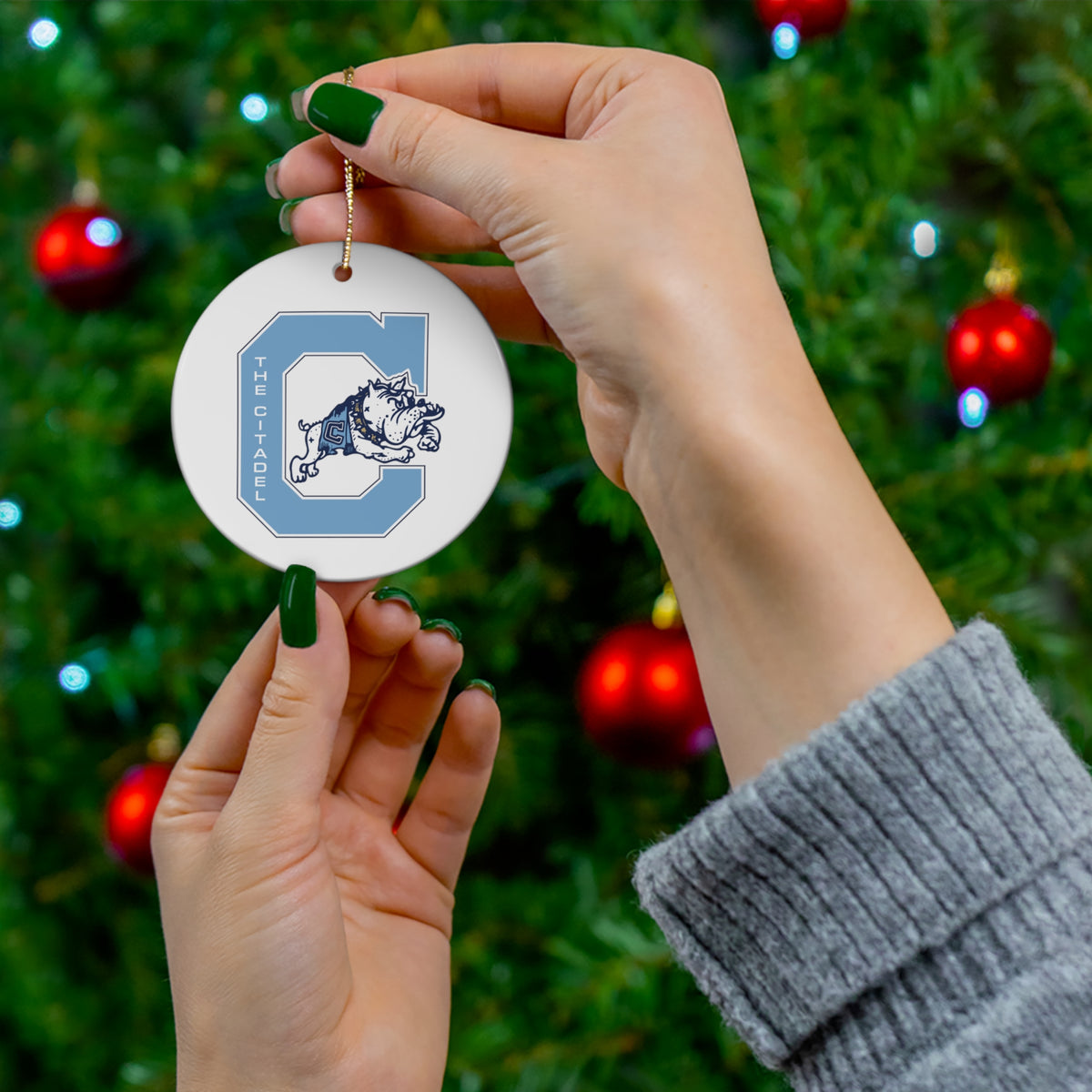 The Citadel, Jumping Bulldog C, Vintage Logo, Ceramic Holiday Christmas Ornament