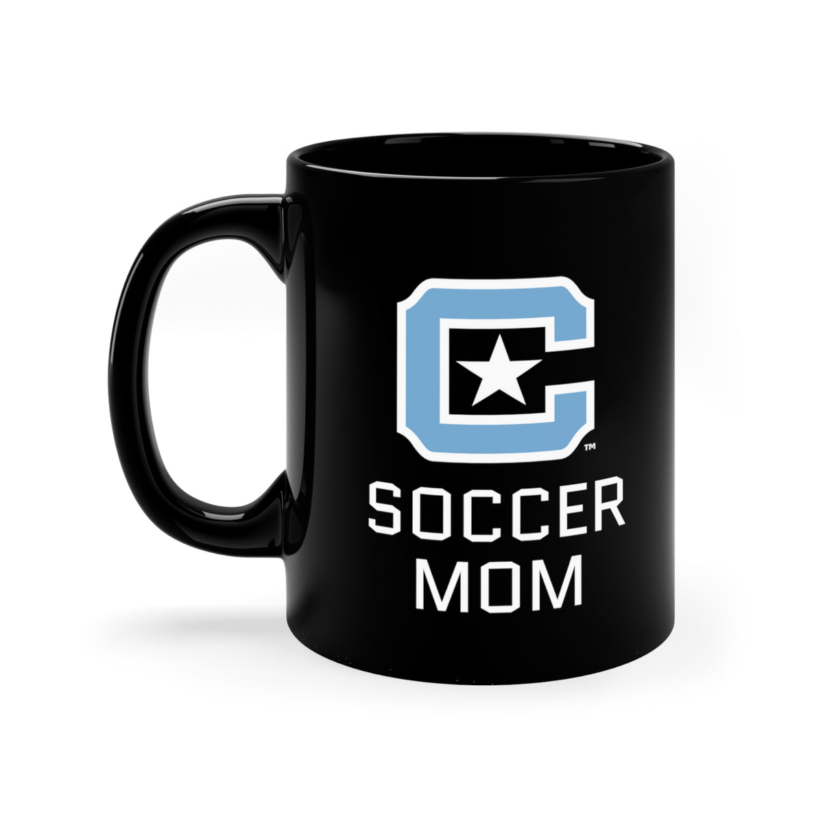 The Citadel Block C Logo, Club Sports Soccer Mom, Black Mug, 11oz