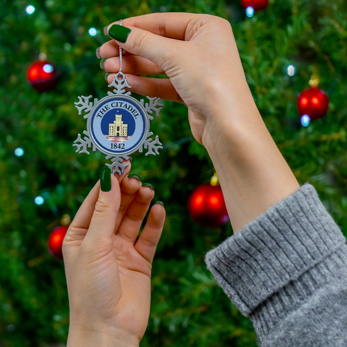 The Citadel, PT Barracks logo, Holiday Christmas Snowflake Pewter Ornament