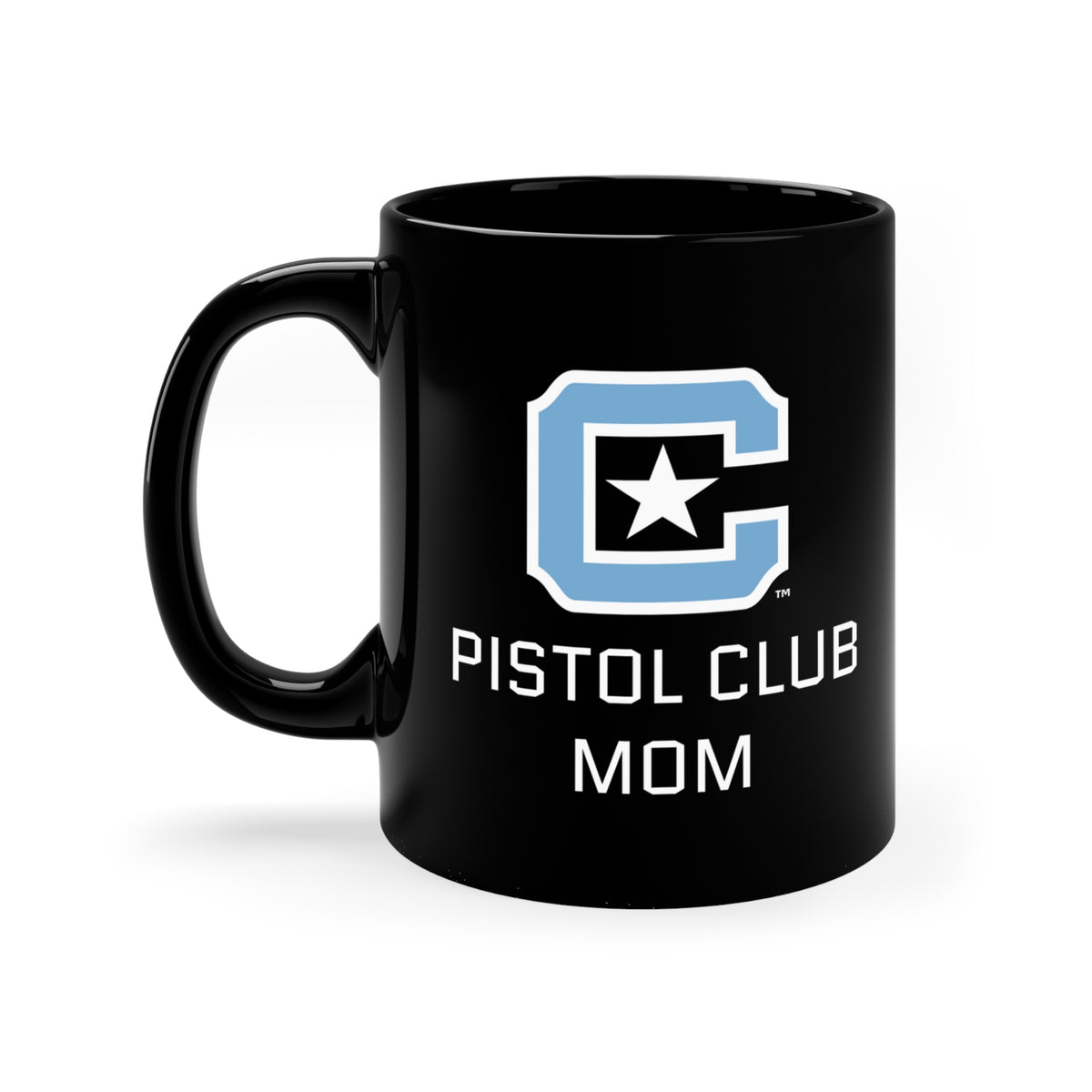 The Citadel Block C Logo, Club Sports Pistol Mom, Black Mug, 11oz