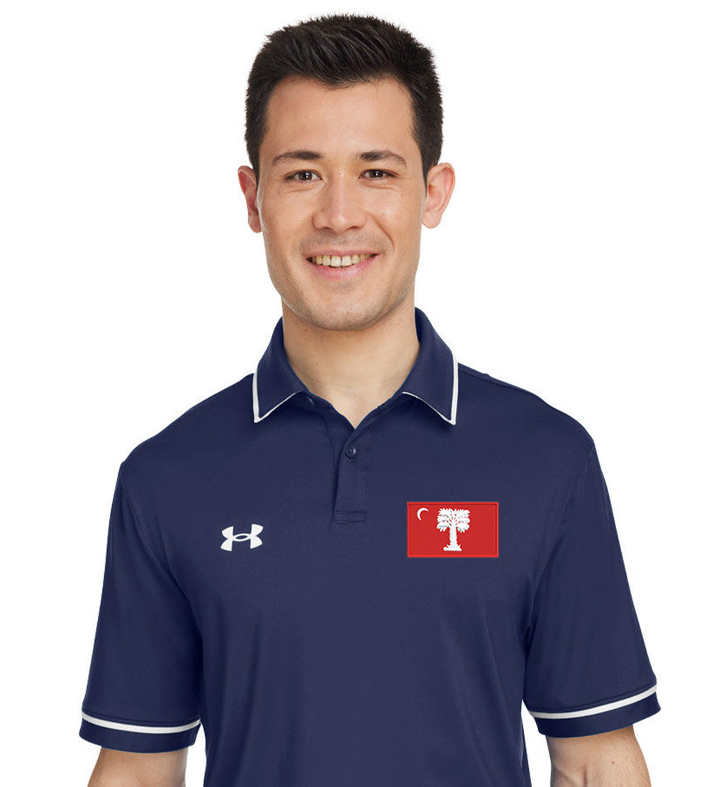 Big Red Palmetto Flag, Under Armour Men's Tipped Teams Performance Polo- Navy