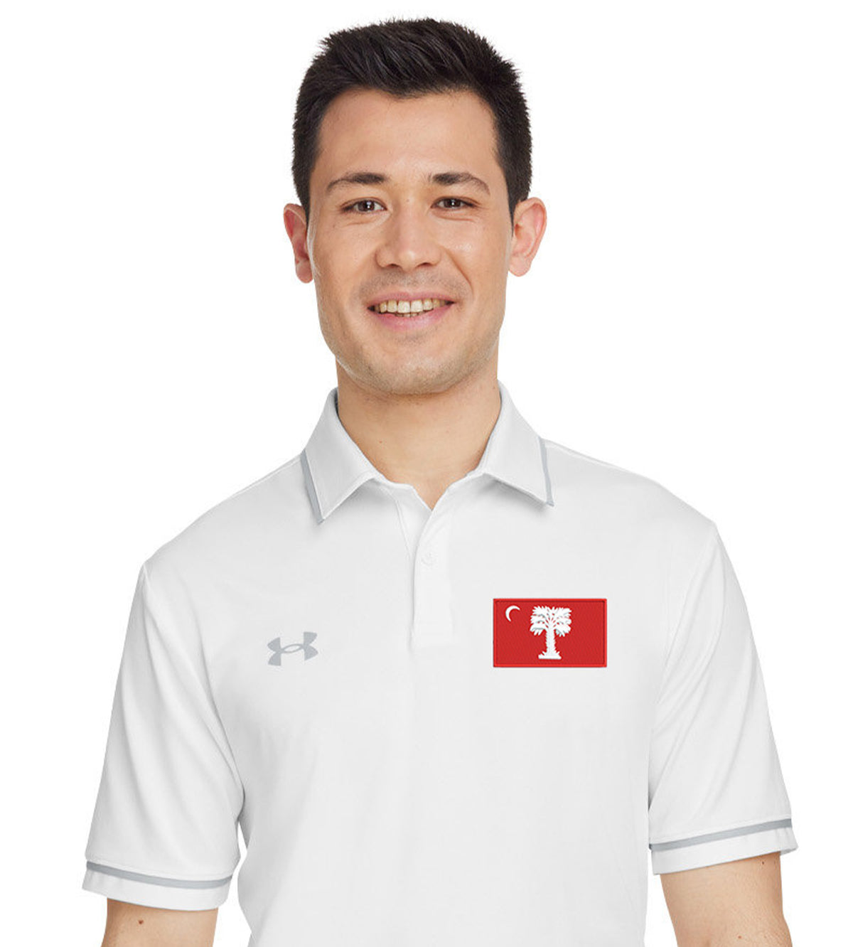 Big Red Palmetto Flag, Under Armour Men's Tipped Teams Performance Polo- White