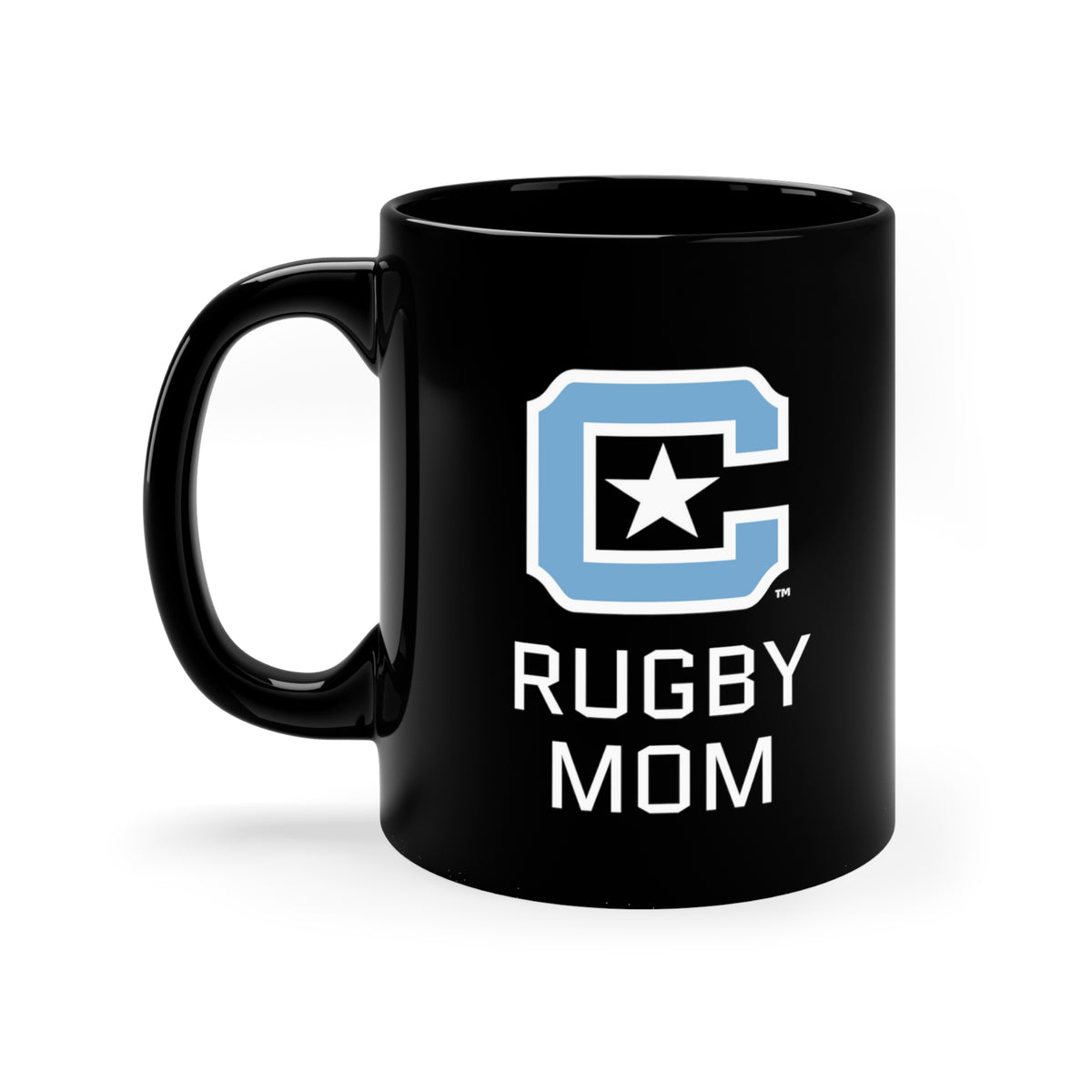 The Citadel Block C Logo, Club Sports Rugby Mom, Black Mug, 11oz