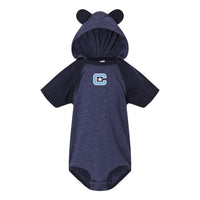 Load image into Gallery viewer, The Citadel, C Star, Infant Fine Jersey Raglan Bodysuit with Hood &amp; Ears - Navy

