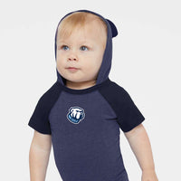 Load image into Gallery viewer, The Citadel, Bulldog, Infant Fine Jersey Raglan Bodysuit with Hood &amp; Ears - Navy
