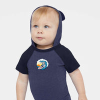 Load image into Gallery viewer, The Citadel, Spike Surfing, Infant Fine Jersey Raglan Bodysuit with Hood &amp; Ears - Navy
