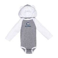 Load image into Gallery viewer, The Citadel, The Citadel C, Infant Fine Jersey Character Hooded Long Sleeve Bodysuit with Ears - Gray/White

