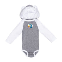 Load image into Gallery viewer, The Citadel, Spike Surfing, Infant Fine Jersey Character Hooded Long Sleeve Bodysuit with Ears - Gray/White
