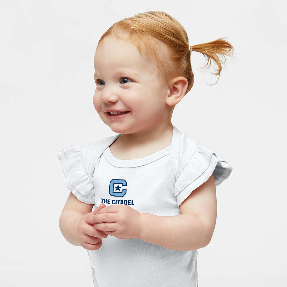 The Citadel, Citadel C, Infant Flutter Sleeve Baby Rib Bodysuit - White