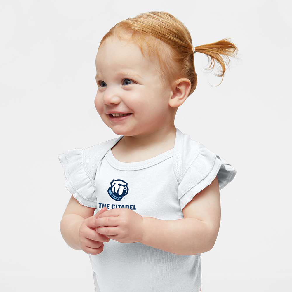 The Citadel Bulldog, Infant Flutter Sleeve Baby Rib Bodysuit - White