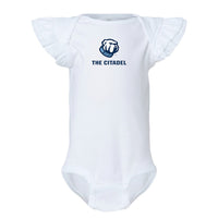 Load image into Gallery viewer, The Citadel Bulldog, Infant Flutter Sleeve Baby Rib Bodysuit - White
