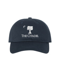 Load image into Gallery viewer, The Citadel, Big Red, Palm tree, Yupoong Adult Low-Profile Cotton Twill Dad Cap - Navy
