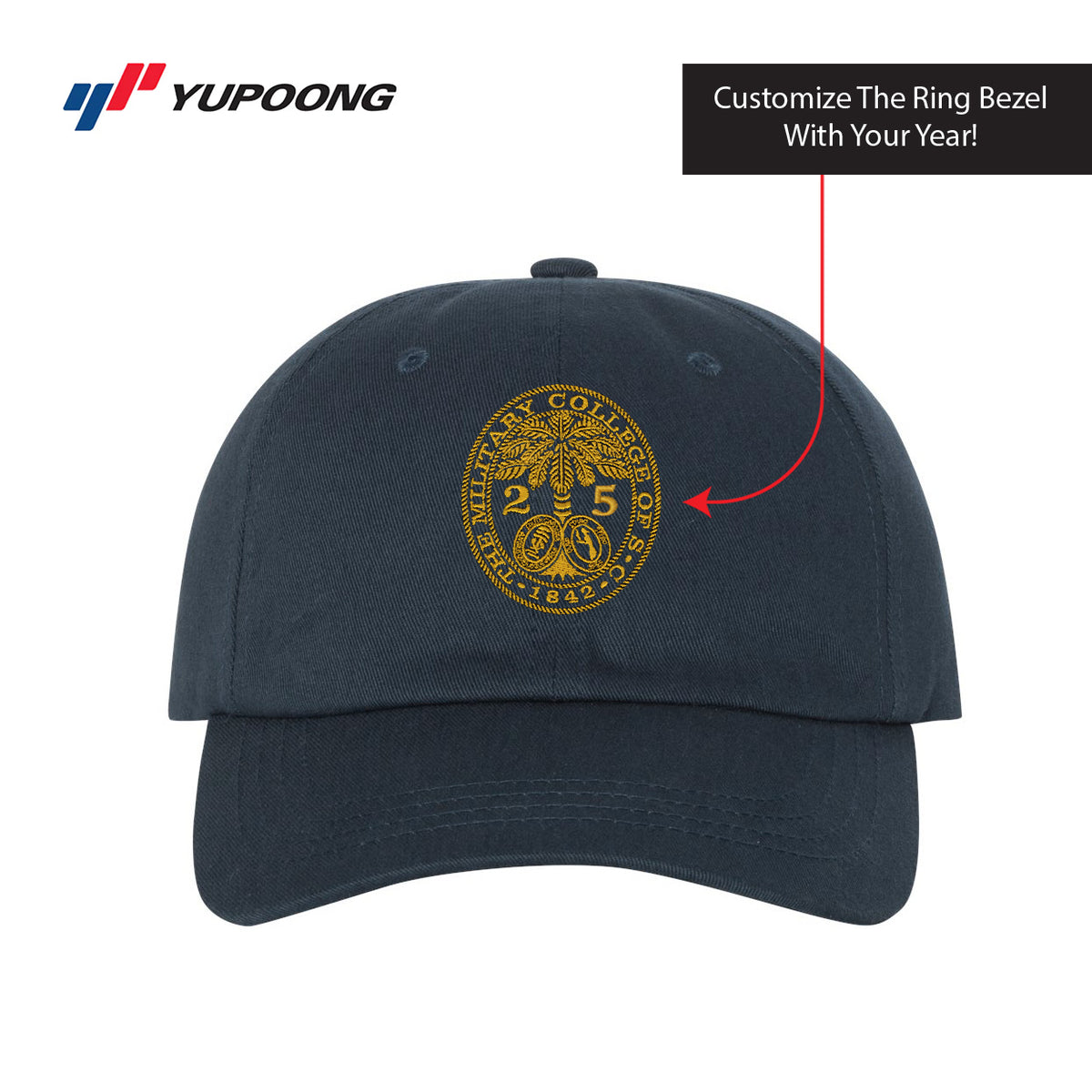 The Citadel, Customizable (Your Year) Embroidered Ring Bezel Design, Yupoong Adult Low-Profile Cotton Twill Dad Cap - Navy