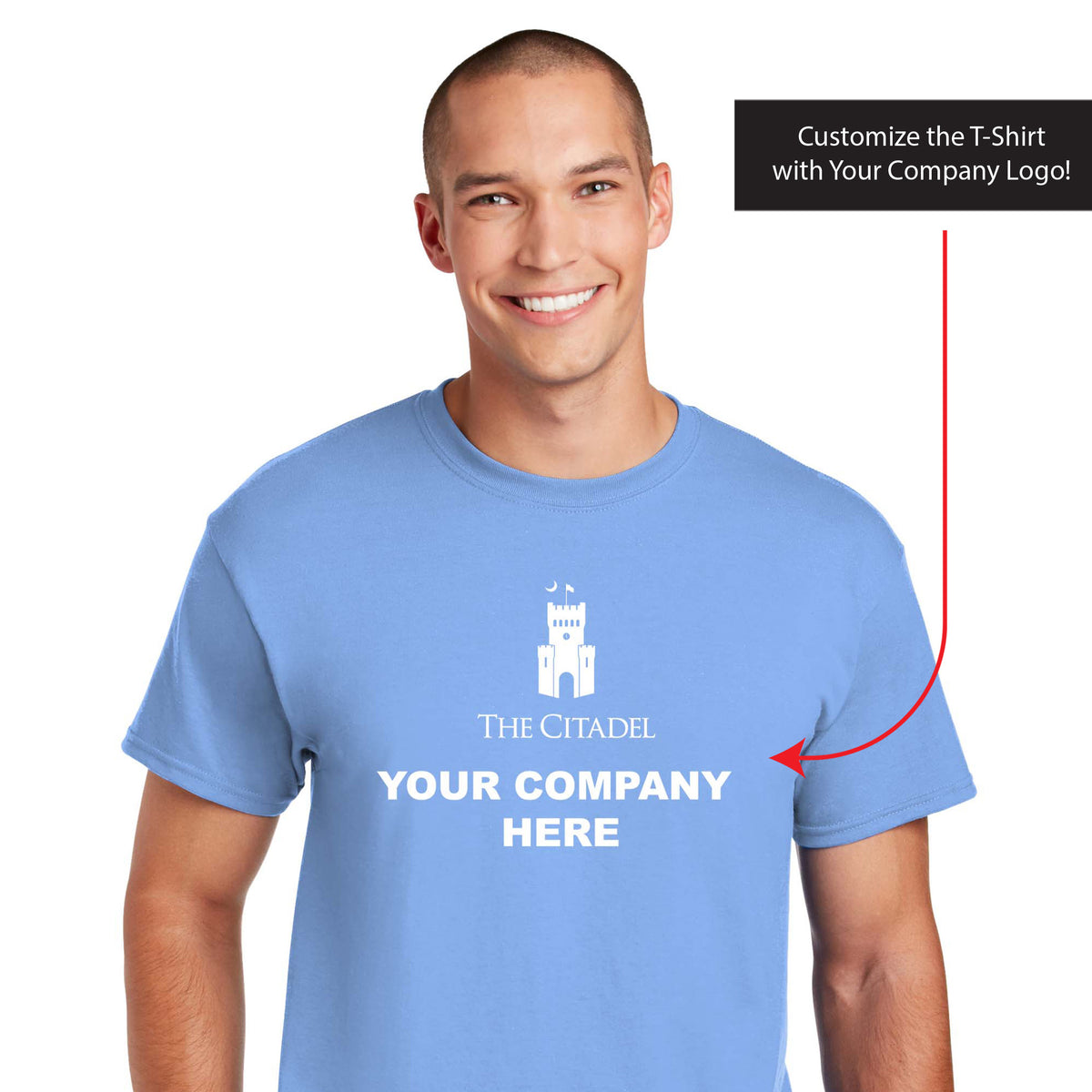 The Citadel, Barracks logo with Your Company,  DryBlend T-Shirt - Carolina Blue