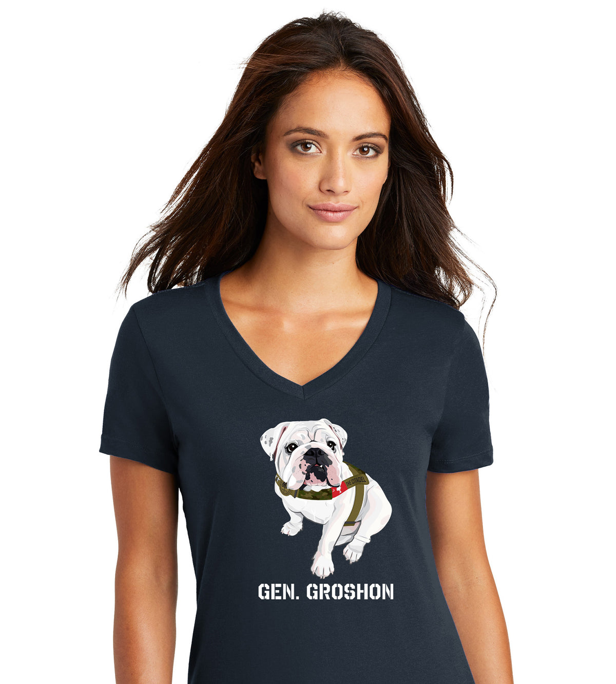 The Citadel, Gen. Groshon Women’s V-Neck Tee Shirt-Navy