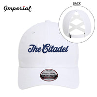 Load image into Gallery viewer, The Citadel, Script Logo, Imperial - The Hinsen Performance Ponytail Cap- White
