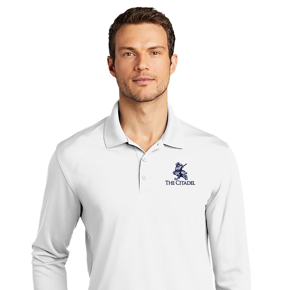 The Citadel, Marching Bulldog,  UV Micro-Mesh Long Sleeve Polo Shirt- White