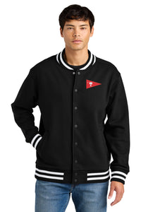 Load image into Gallery viewer, Person wearing a black varsity jacket with a burgee patch on a white background
