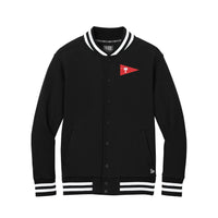 Load image into Gallery viewer, Black varsity jacket with a red triangle logo on a white background
