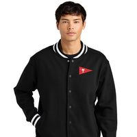 Load image into Gallery viewer, Person wearing a black varsity jacket with a red and white logo on a white background
