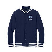 Load image into Gallery viewer, Navy blue jacket with white accents and a logo on a white background
