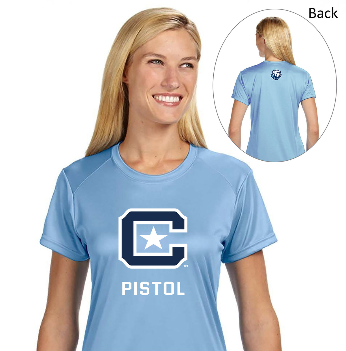 The Citadel, Club Sports - Pistol, A4 Ladies' Cooling Performance T-Shirt-Carolina Blue