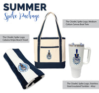 Load image into Gallery viewer, Summer Spike Package with tote bag, beach towel, and tumbler featuring The Citadel logo.
