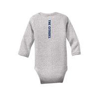 Load image into Gallery viewer, The Citadel, C logo, Rabbit Skins™ Infant Long Sleeve Baby Rib Bodysuit- heather

