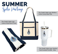 Load image into Gallery viewer, Summer Spike Package with tote bag, beach towel, and tumbler featuring The Citadel logo.
