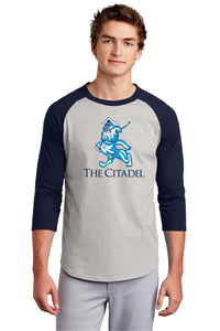 Load image into Gallery viewer, The Marching Bulldog Colorblock Raglan Jersey- Heather Grey/Navy
