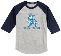 Load image into Gallery viewer, The Marching Bulldog Colorblock Raglan Jersey- Heather Grey/Navy
