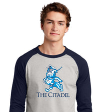 Load image into Gallery viewer, The Marching Bulldog Colorblock Raglan Jersey- Heather Grey/Navy
