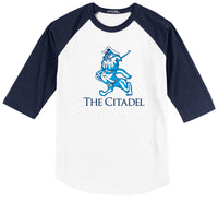 Load image into Gallery viewer, The Marching Bulldog Colorblock Raglan Jersey- Heather Grey/Navy
