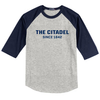 Load image into Gallery viewer, The Citadel, Raglan Jersey T Shirt- Atletic Heather Grey / Navy

