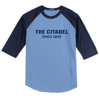 Load image into Gallery viewer, The Citadel, Raglan Jersey T Shirt- Carolina Blue / Navy
