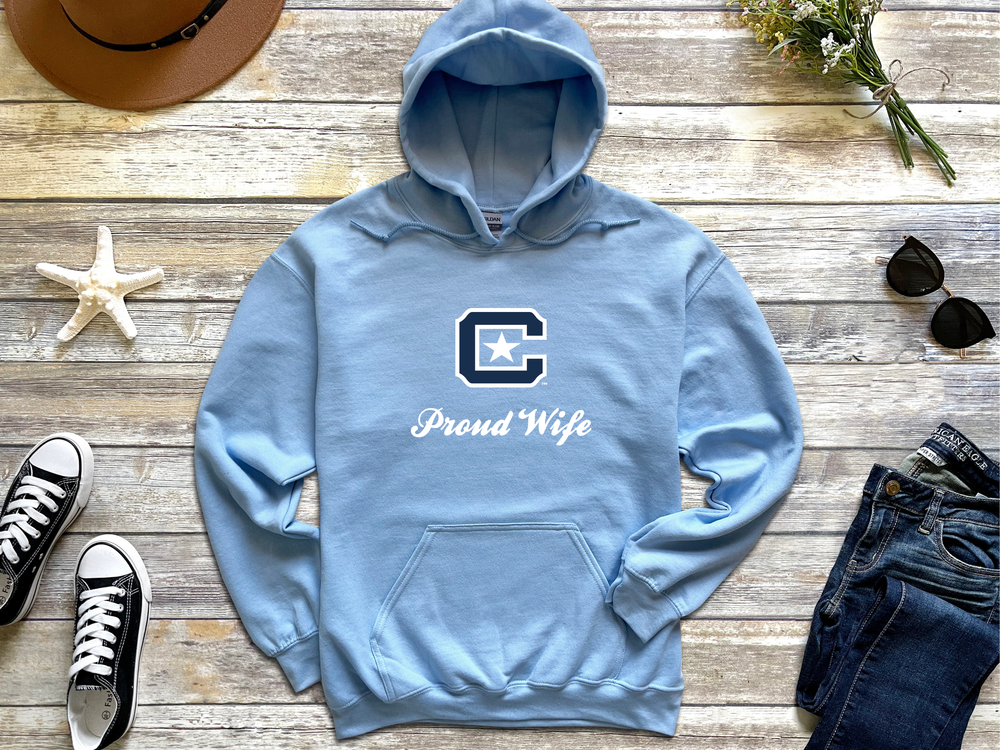 The Citadel Block C Star logo, Proud Wife,  Heavy Blend™ Hooded Sweatshirt