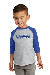 Load image into Gallery viewer, RS3330 The Citadel Bulldogs Toddler Baseball Tee-Vintage Heather/ Vintage Royal
