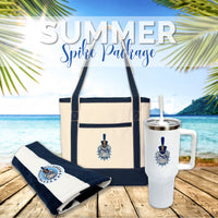 Load image into Gallery viewer, Summer Spike Package with tote bag, beach towel, and tumbler featuring The Citadel logo.
