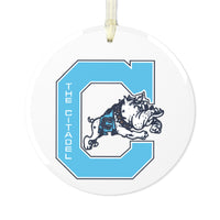 Load image into Gallery viewer, The Citadel, Block C Jumping Bulldog, Glass Ornament

