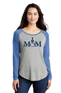 Load image into Gallery viewer, Mom &amp; Spike Ladies Long Sleeve Tri-Blend Wicking Scoop Neck Raglan Tee- True Royal Heather/ Light Grey Heather
