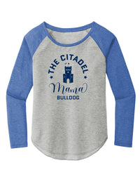 Load image into Gallery viewer, Mama Bulldog Barracks Ladies Long Sleeve Tri-Blend Wicking Scoop Neck Raglan Tee- Light Grey Heather /True Royal Heather
