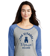 Load image into Gallery viewer, Mama Bulldog Barracks Ladies Long Sleeve Tri-Blend Wicking Scoop Neck Raglan Tee- Light Grey Heather /True Royal Heather
