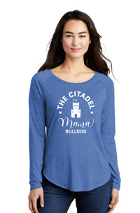 Load image into Gallery viewer, Mama Bulldog Barracks Ladies Long Sleeve Tri-Blend Wicking Scoop Neck Raglan Tee- True Royal Heather
