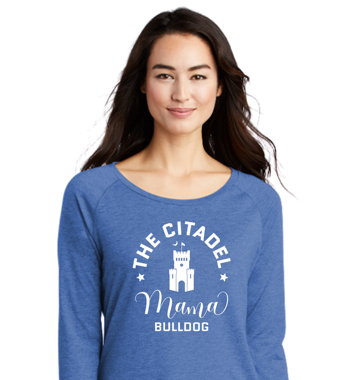 Mama Bulldog Barracks Ladies Long Sleeve Tri-Blend Wicking Scoop Neck Raglan Tee- True Royal Heather