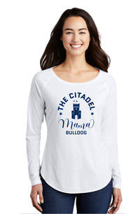 Load image into Gallery viewer, Mama Bulldog Barracks Ladies Long Sleeve Tri-Blend Wicking Scoop Neck Raglan Tee- White
