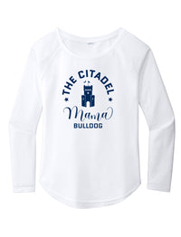 Load image into Gallery viewer, Mama Bulldog Barracks Ladies Long Sleeve Tri-Blend Wicking Scoop Neck Raglan Tee- White

