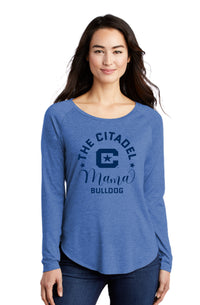 Load image into Gallery viewer, Mama Bulldog C Ladies Long Sleeve Tri-Blend Wicking Scoop Neck Raglan Tee-True Royal Heather
