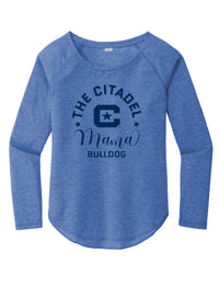 Load image into Gallery viewer, Mama Bulldog C Ladies Long Sleeve Tri-Blend Wicking Scoop Neck Raglan Tee-True Royal Heather
